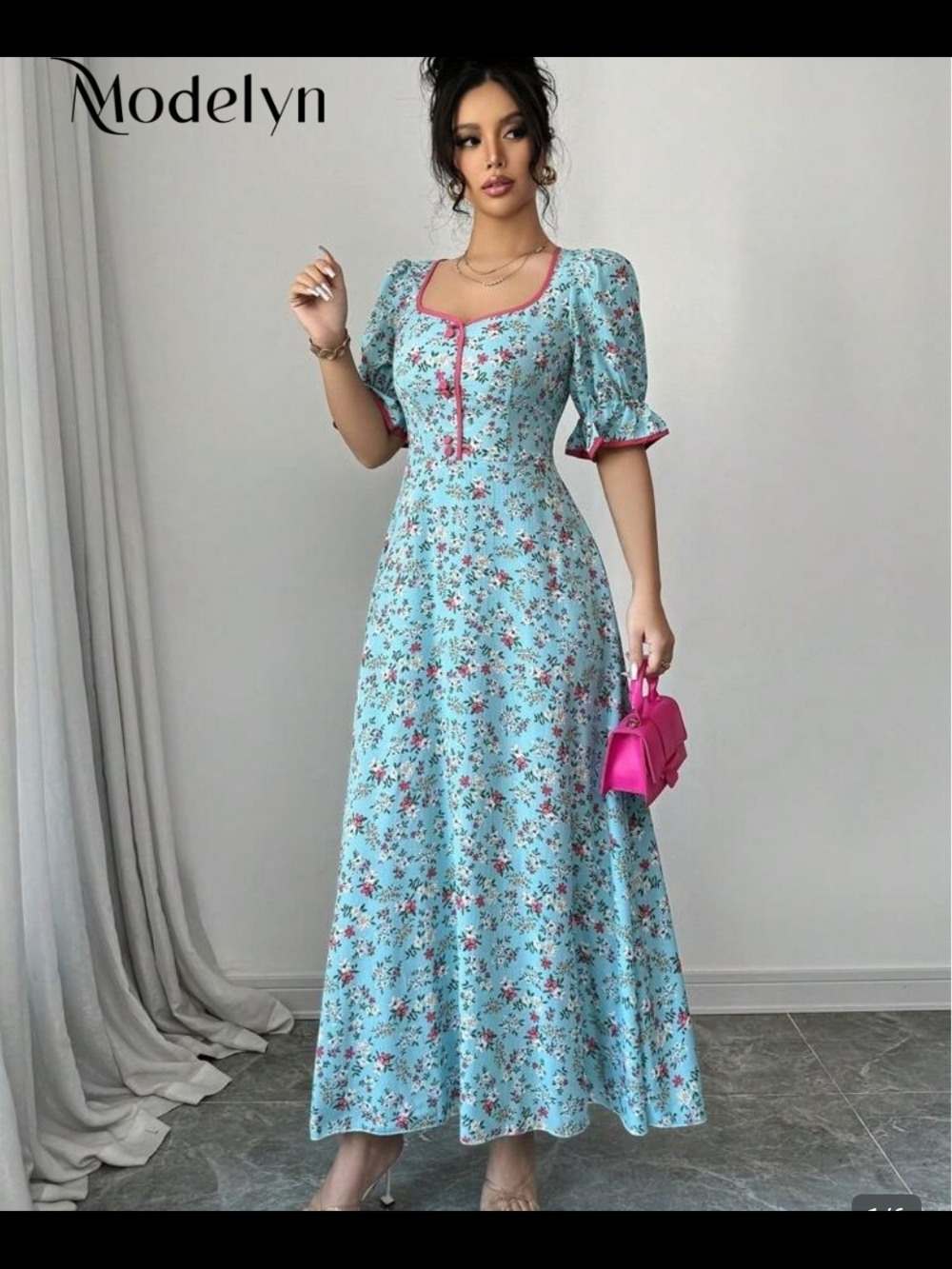 Blue Floral Maxi Dress with Pink Trim